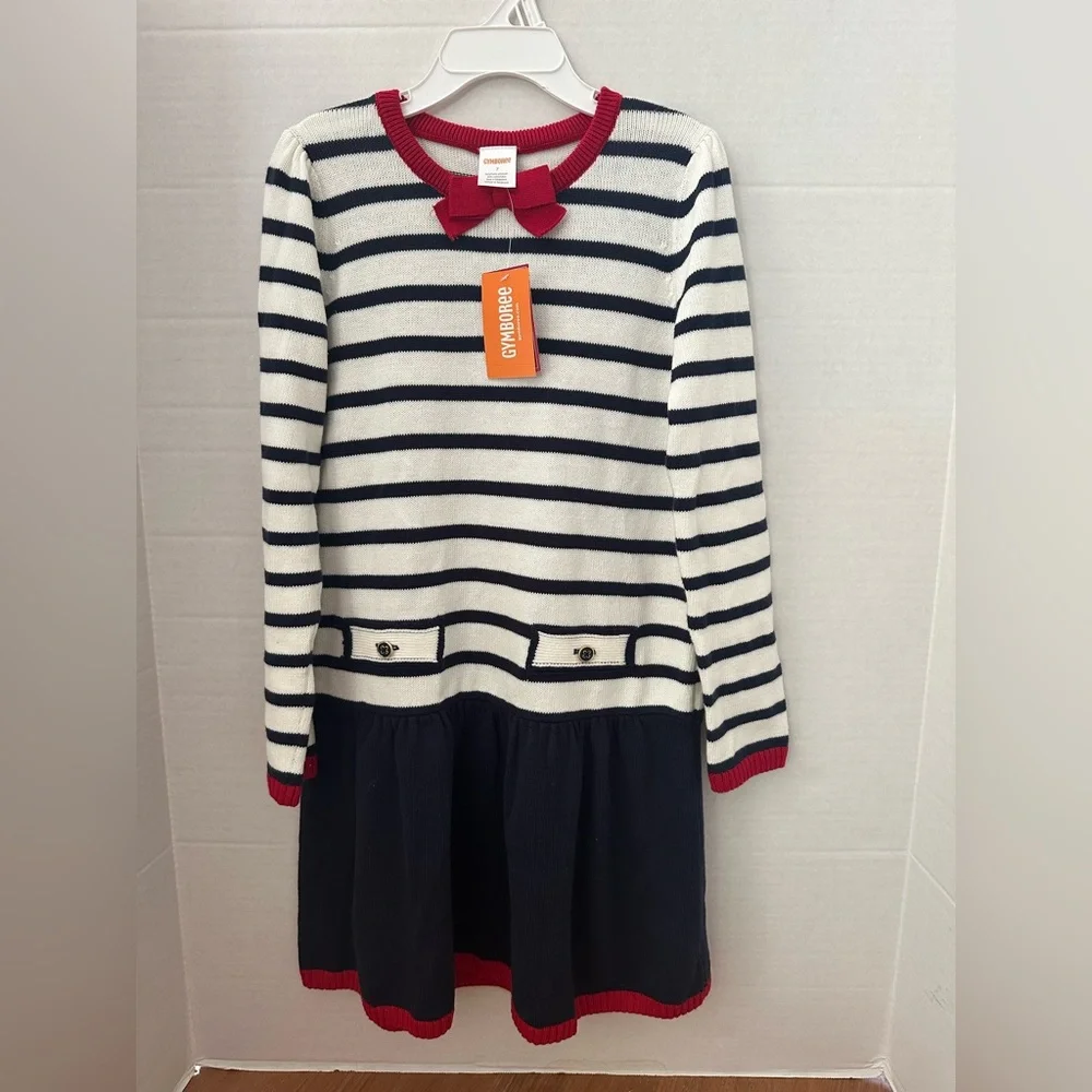 NWT GYMBOREE Red Navy White Striped Sz. 7  Long Sleeve Casual Cotton Dress!
